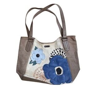 Relic Tote Bag Floral Applique Canvas Leather Trim Tan Blue